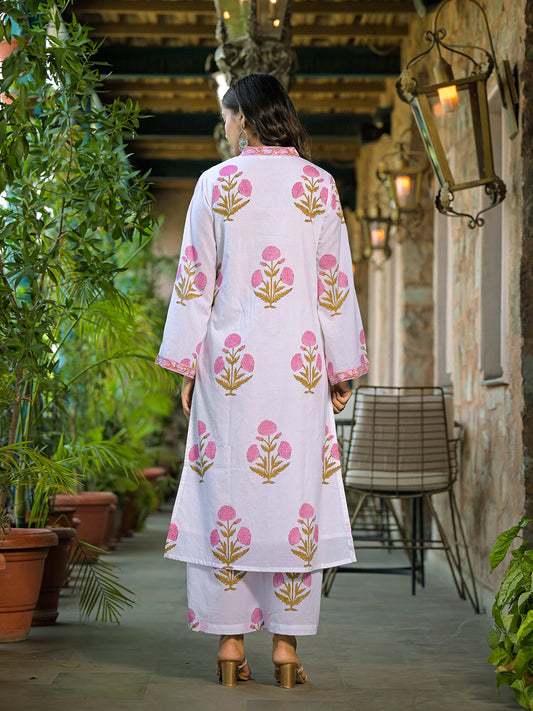 White Hand Block Print Cotton Kurta Sets With Dupatta