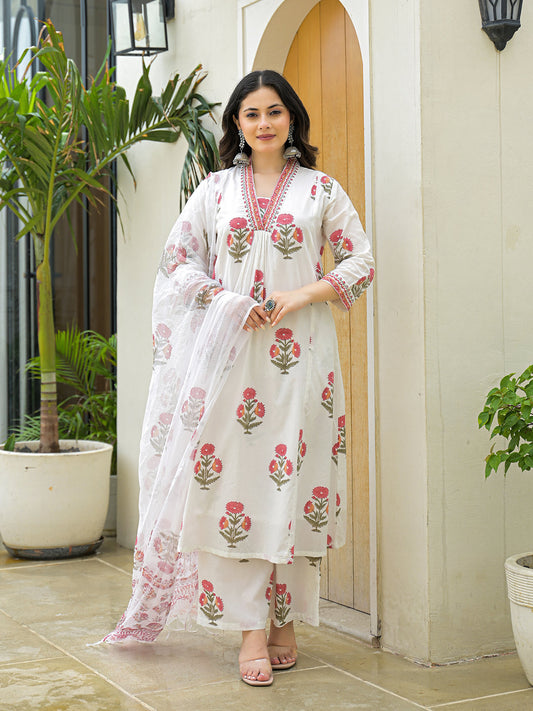 White Cotton Hand Block A-Line Kurta Pant Sets With Dupatta