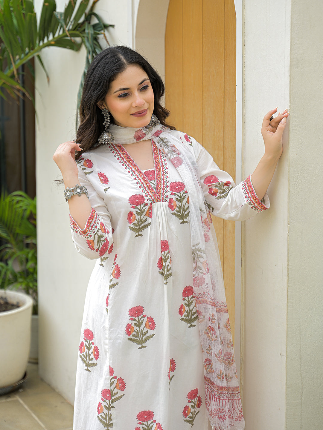 White Cotton Hand Block A-Line Kurta Pant Sets With Dupatta