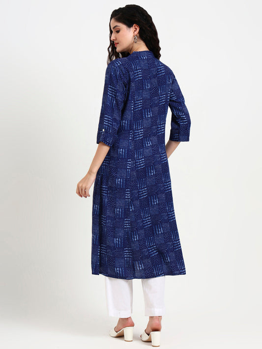 Indigo Blue Geometric Print Rayon Kurta