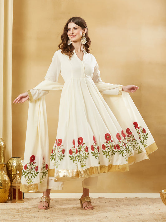 White Cotton Hand Block Print Anarkali Kurta Sets with Dupatta