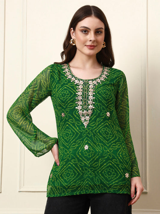 Green Round Neck Georgette Bandhani Print Top