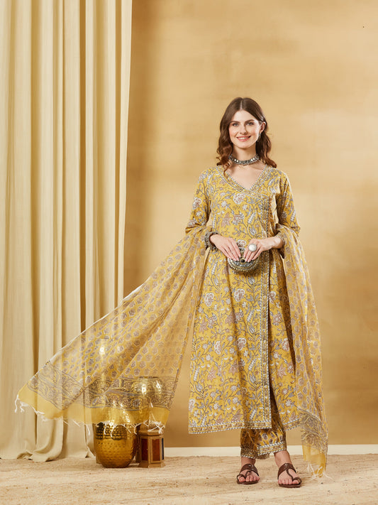 Mustard Hand Block Cotton Kurta Pant Set With Dupatta