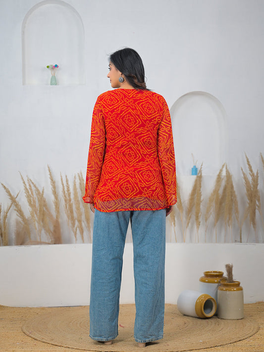 Orange Bandhani Gotta Patti Work Geogratte V-Neck Top
