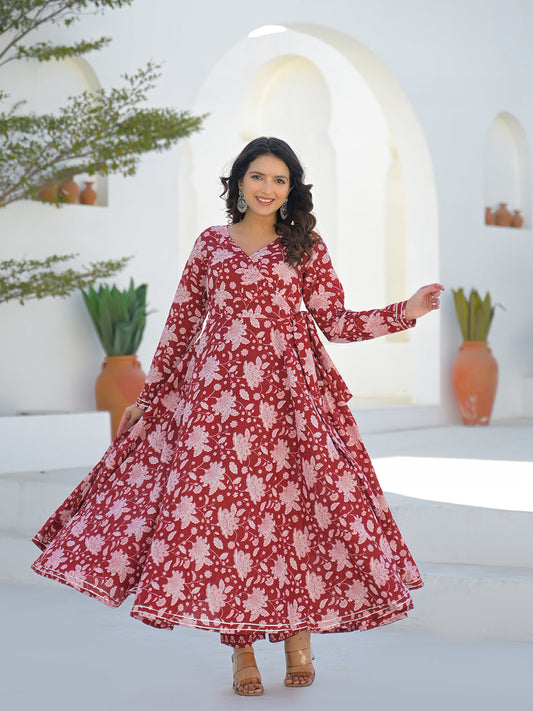 Maroon Anarkali Angrakha Floral Cotton Kurta Pant Sets