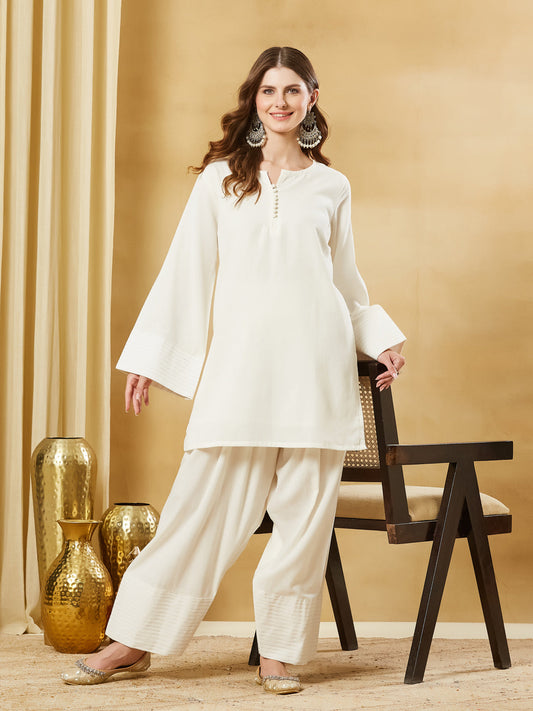 Off White Solid Cotton Farshi Salwar Suit Set
