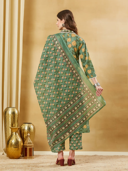Green Floral Cotton Kurta Sets With Dupatta
