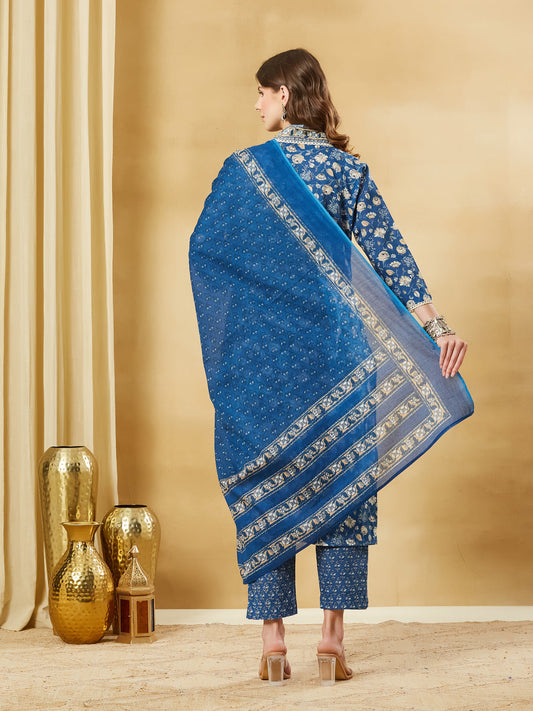 Blue Floral Cotton Kurta Sets With Dupatta