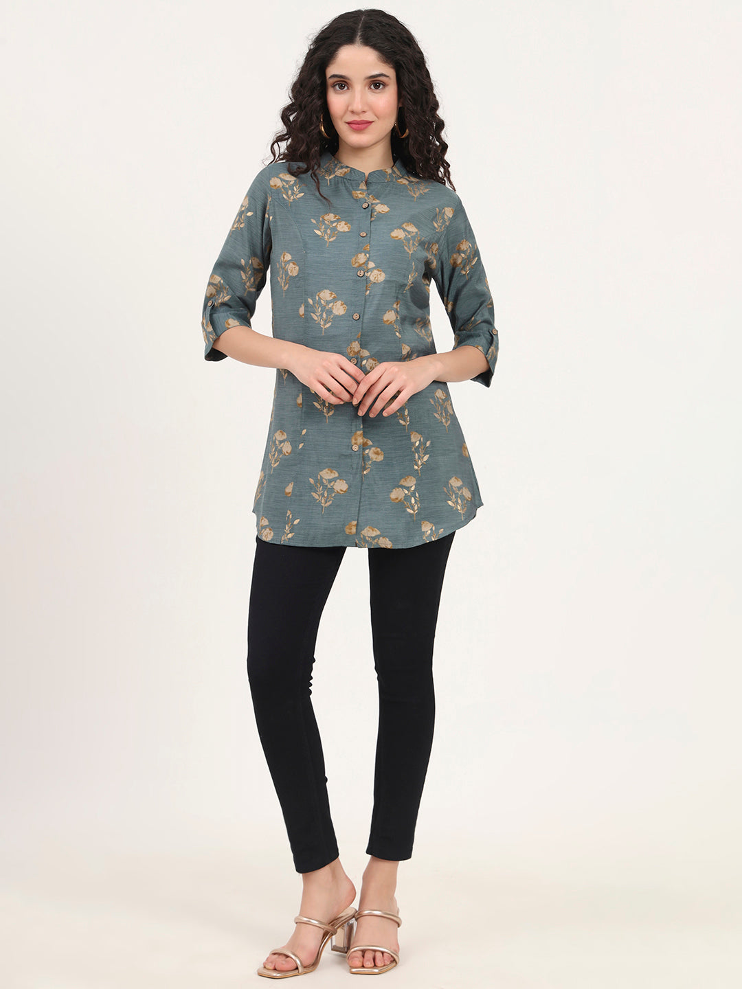 Grey Floral Printed Rayon Top