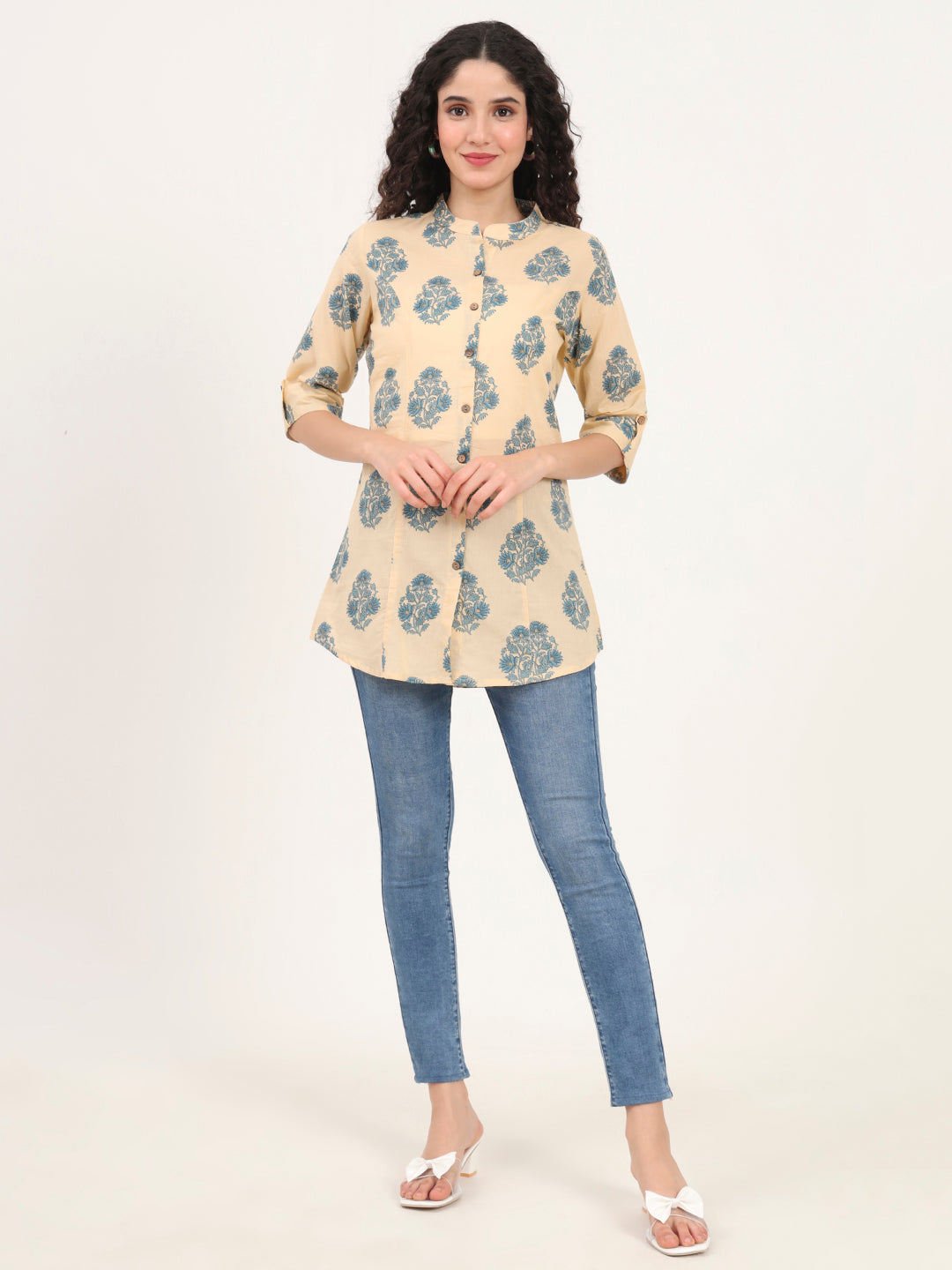 Beige Floral Printed Cotton Top