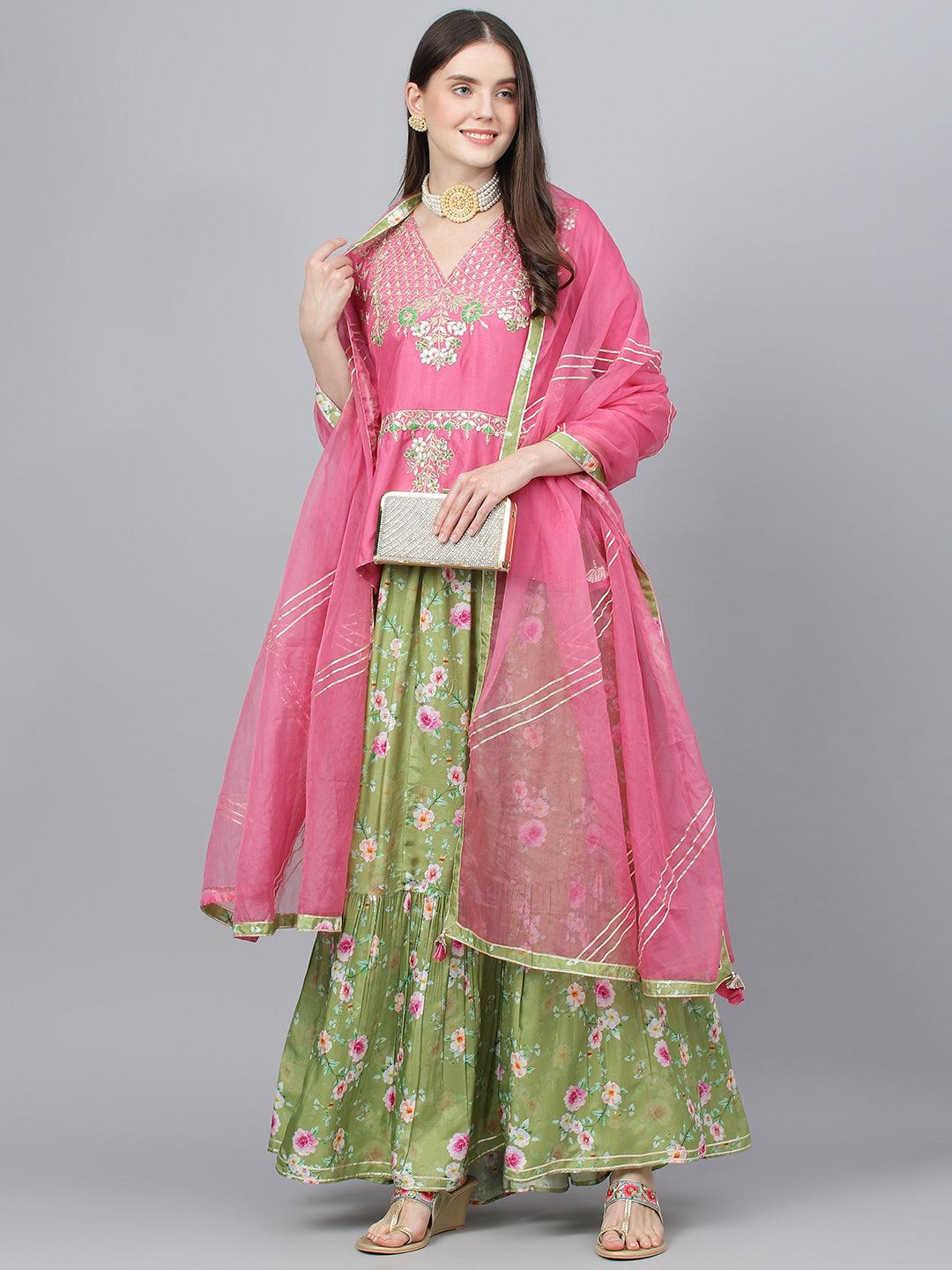 Pink and Green Russian Silk Flared Lehenga Choli Set with Organza Dupatta - world
