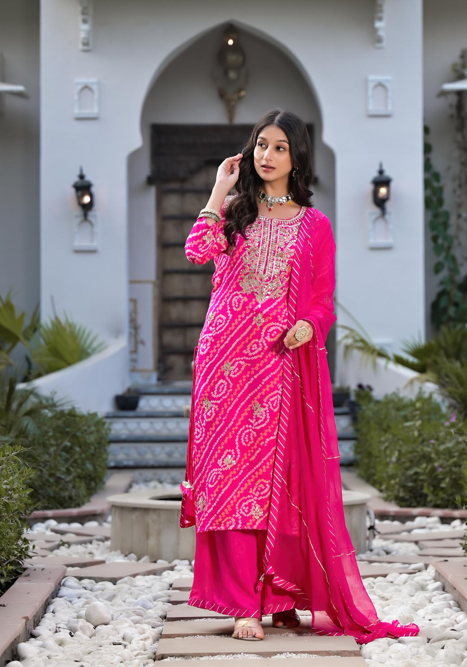 Rani Pink Gota Patti Embroidered Bandhani Print Chinon Kurta Set with