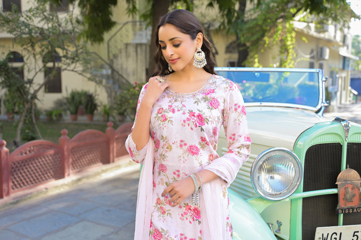 Light Pink Floral Printed Muslin Straight Kurta Pant with Dupatta