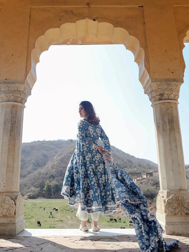 Indigo Blue Cotton Anarkali Kurta Pant Set With Dupatta