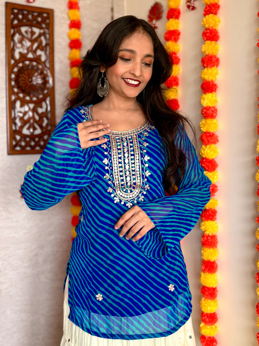 Blue Leheriya Gotta Patti Work Geogratte Round Neck Top