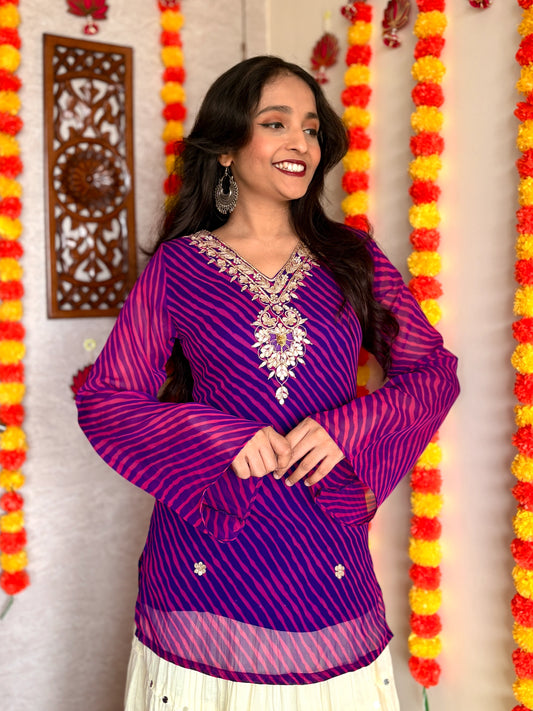 Purple Leheriya Gotta Patti Work Geogratte V Neck Top
