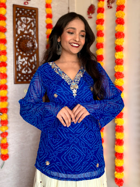 Blue Bandhani Gotta Patti Work Geogratte V-Neck Top