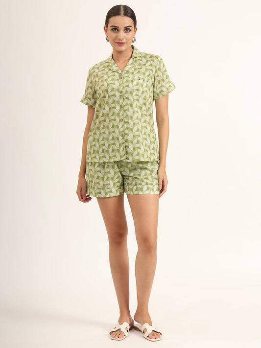 Green Printed Pure Cotton Night Suit