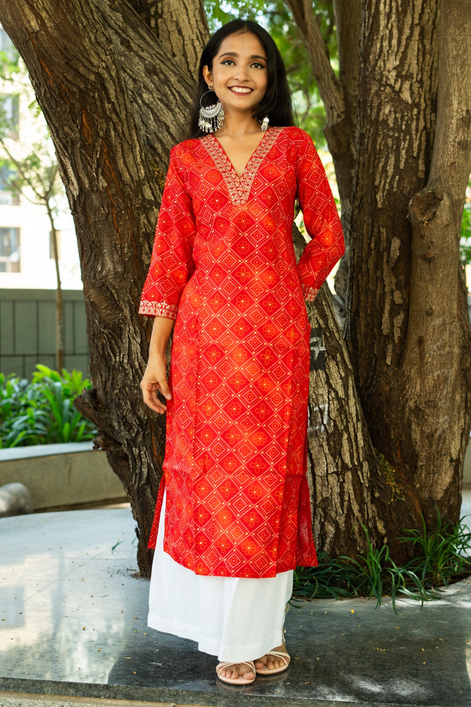 Red - Tie & dye Modal Silk Straight Bandhani Kurta 01