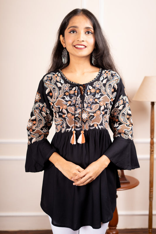 Daisy Dreams Embroidered Short Kurti - Black