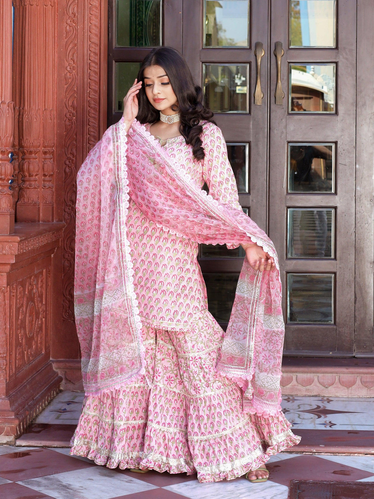  Pink Floral Hand Block Printed Kurta Sharara Set with Dupatta -  world