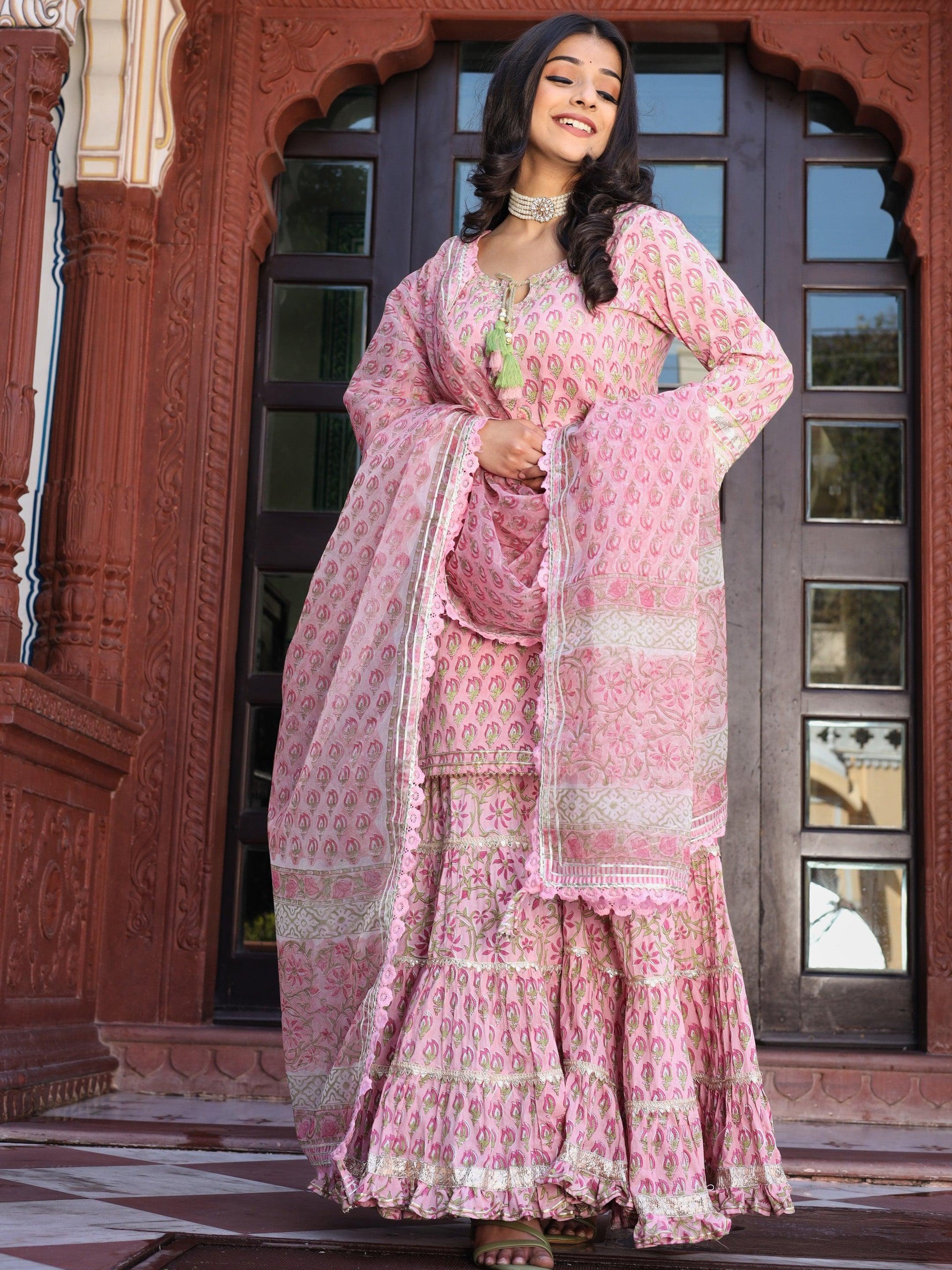  Pink Floral Hand Block Printed Kurta Sharara Set with Dupatta -  world