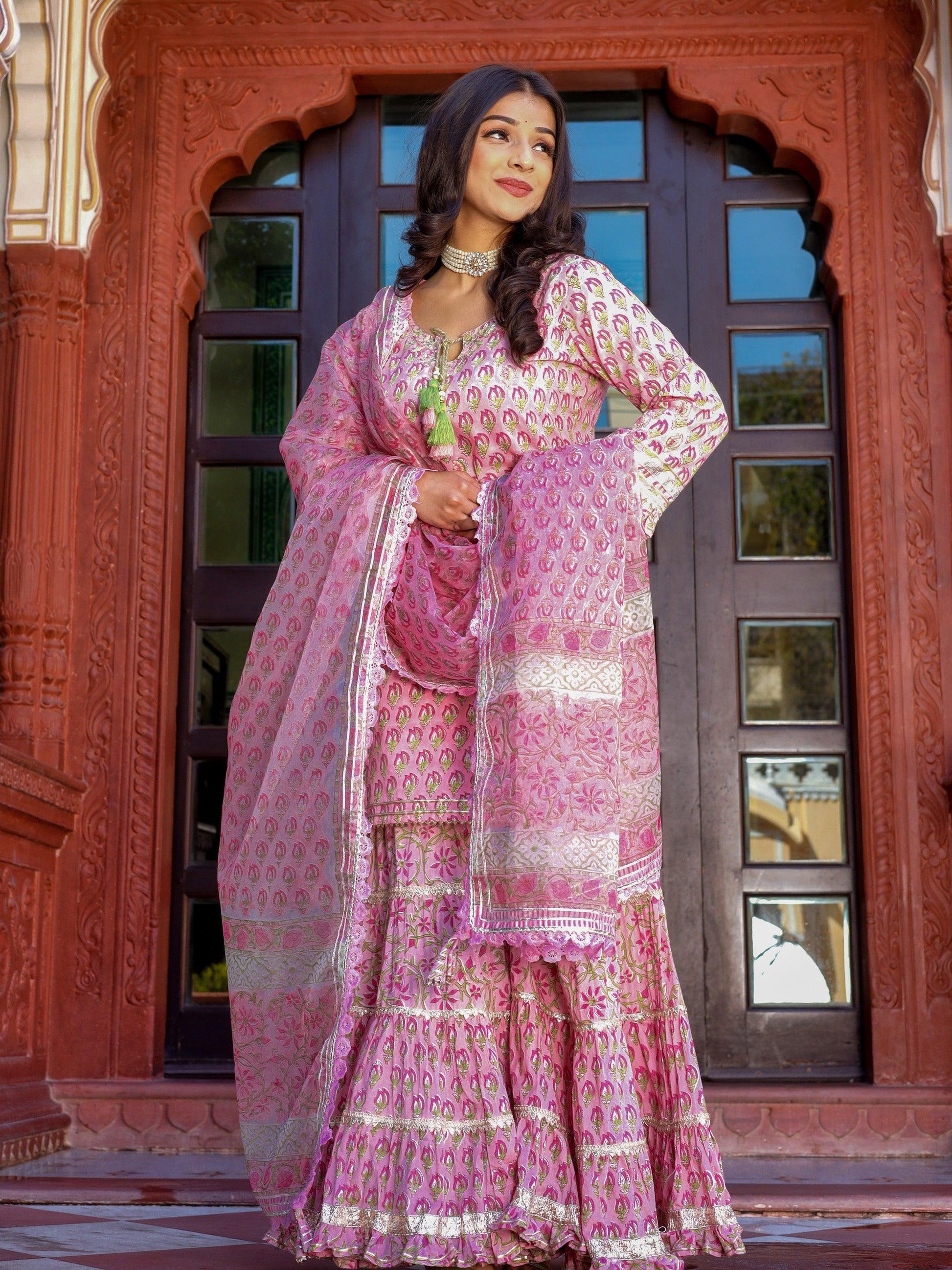  Pink Floral Hand Block Printed Kurta Sharara Set with Dupatta -  world