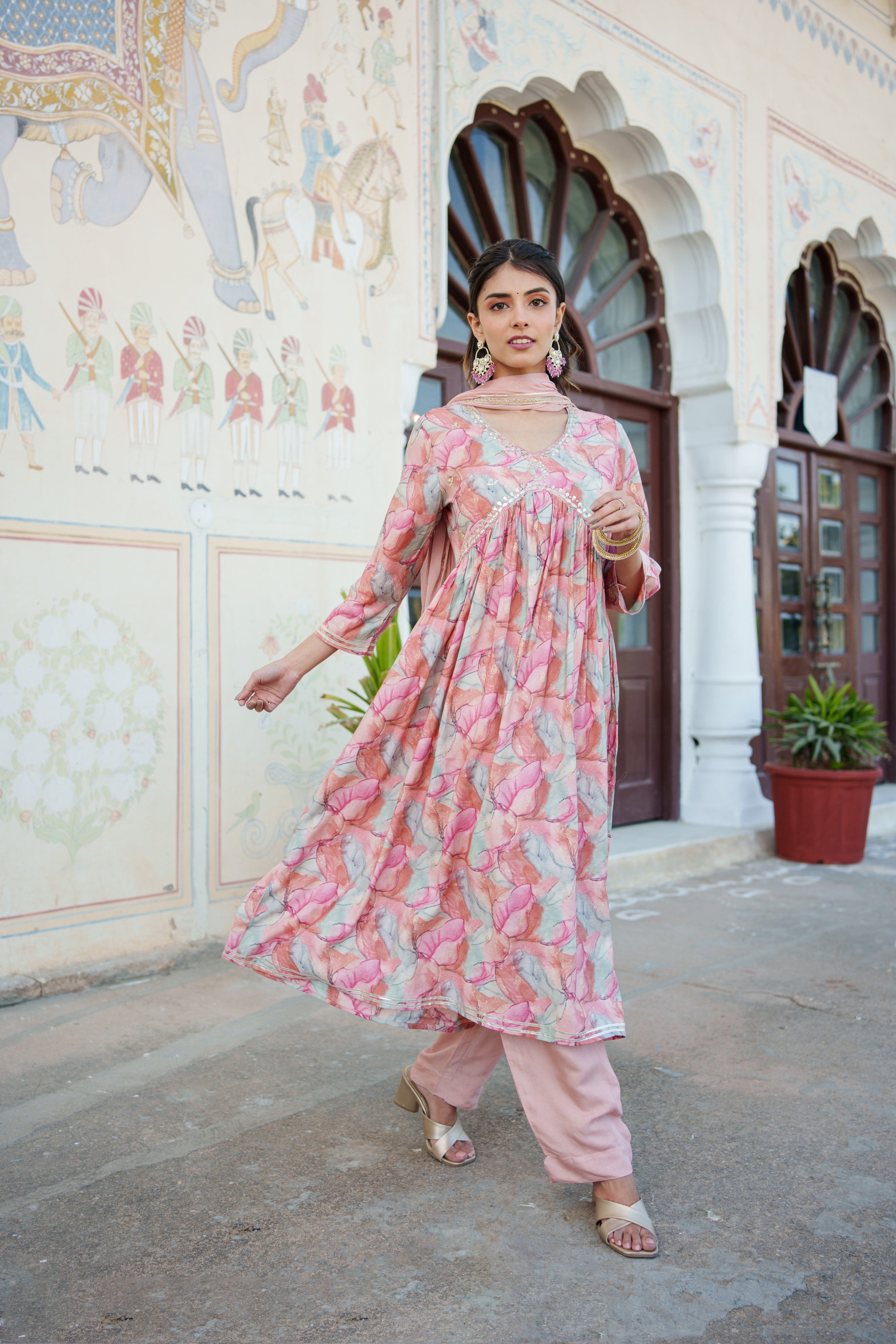 Women  Peach  Muslin kurta with  handwork embroidery, solid bottom & Dupatta Set