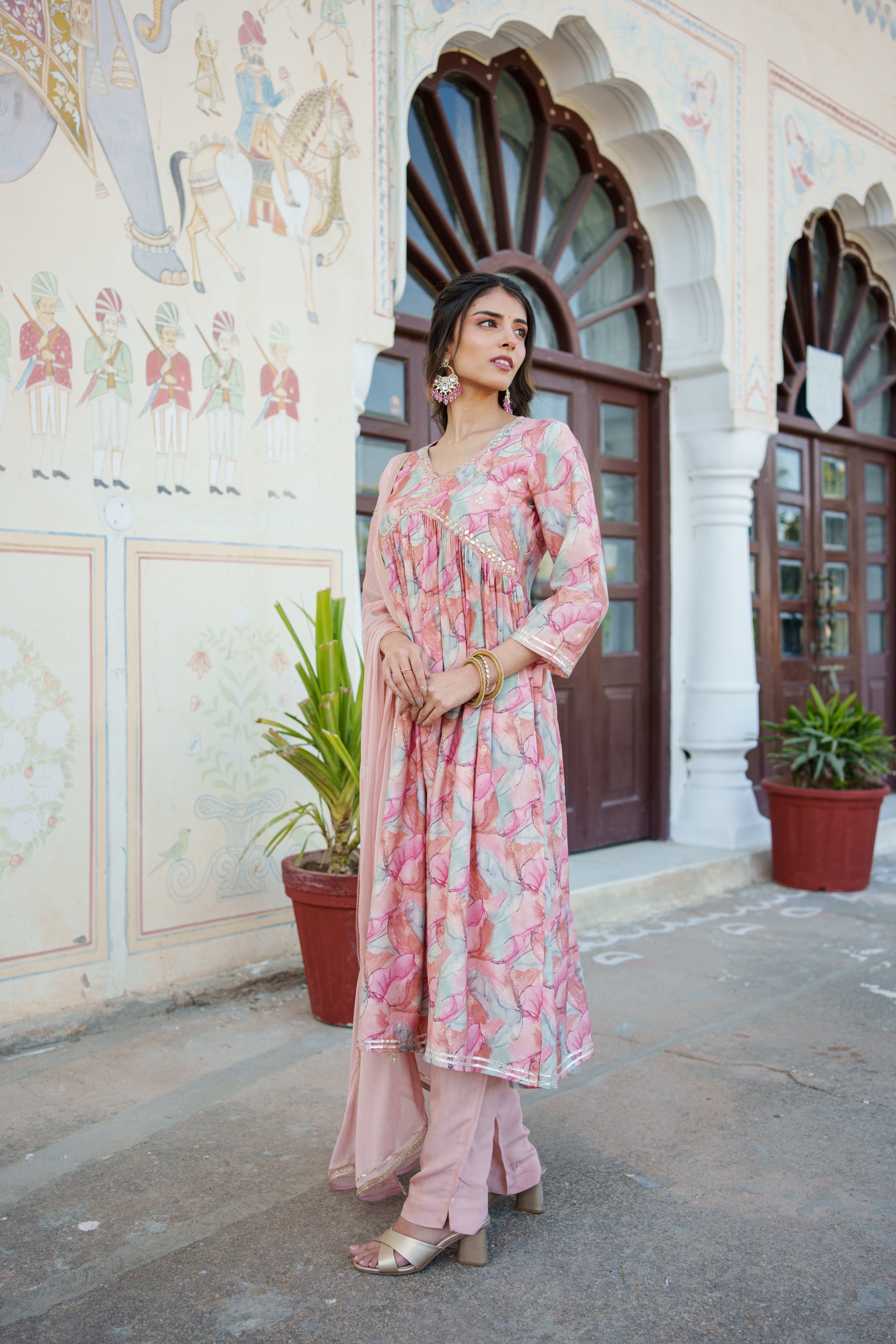Women  Peach  Muslin kurta with  handwork embroidery, solid bottom & Dupatta Set