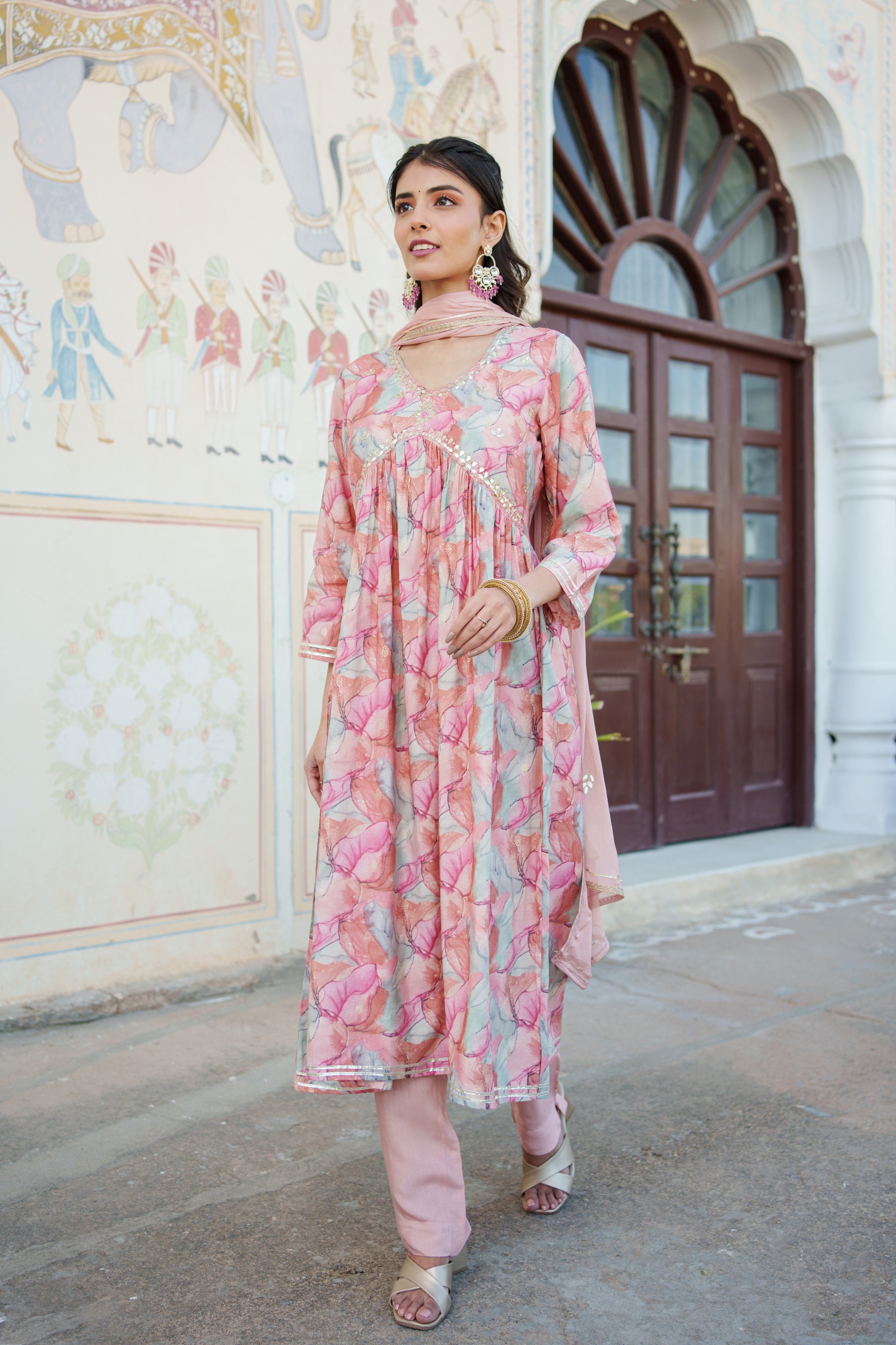 Women  Peach  Muslin kurta with  handwork embroidery, solid bottom & Dupatta Set