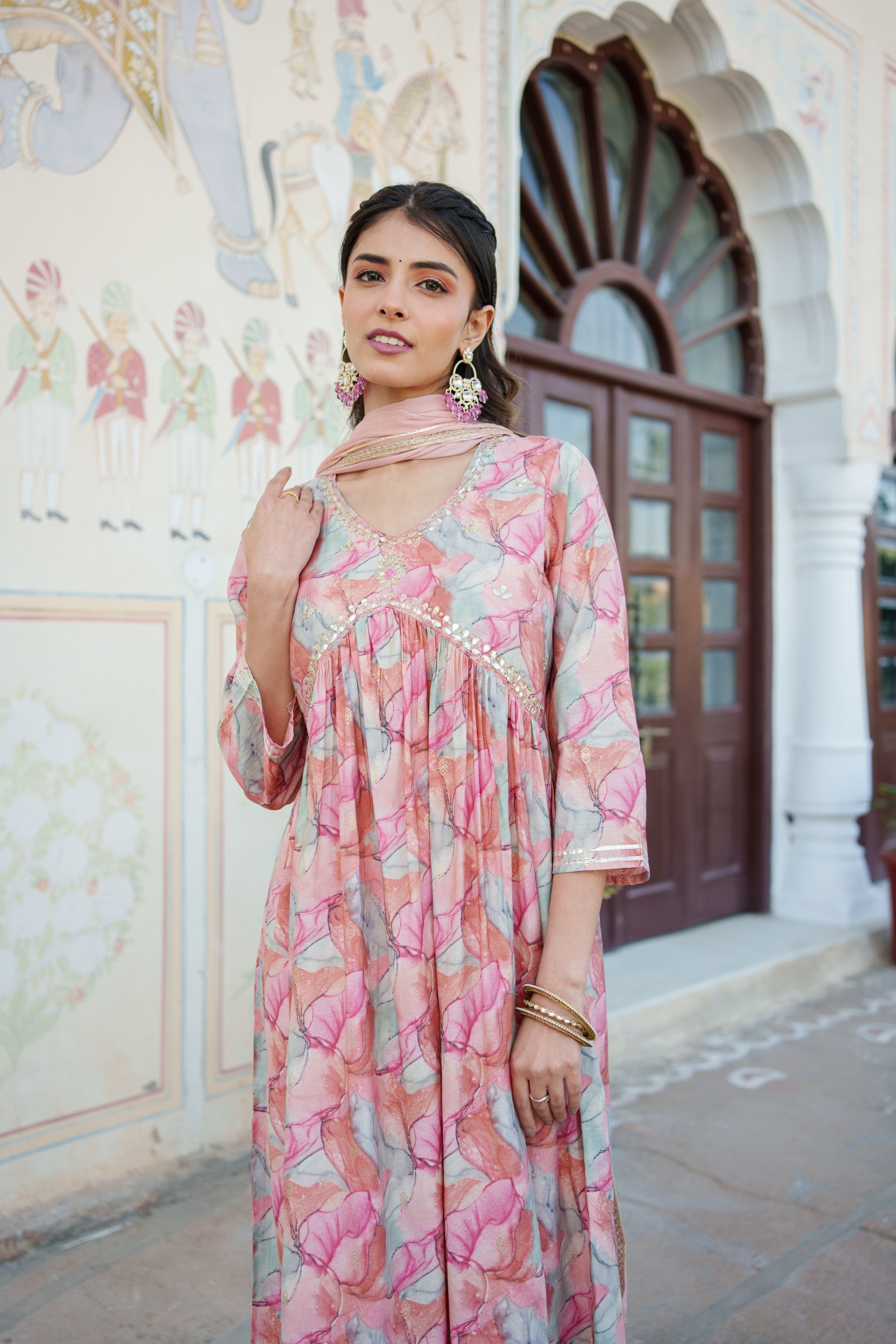 Women  Peach  Muslin kurta with  handwork embroidery, solid bottom & Dupatta Set