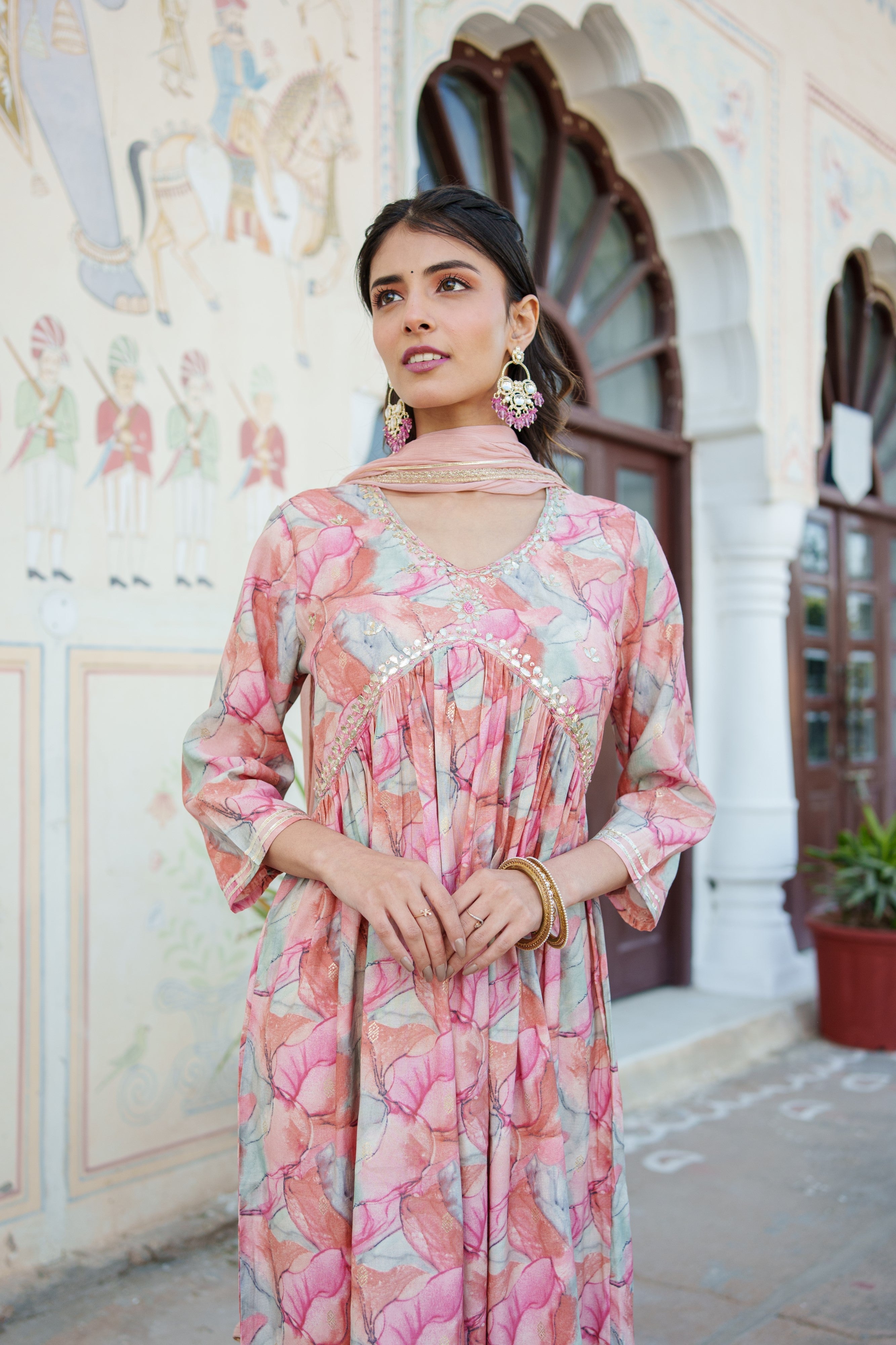 Women  Peach  Muslin kurta with  handwork embroidery, solid bottom & Dupatta Set