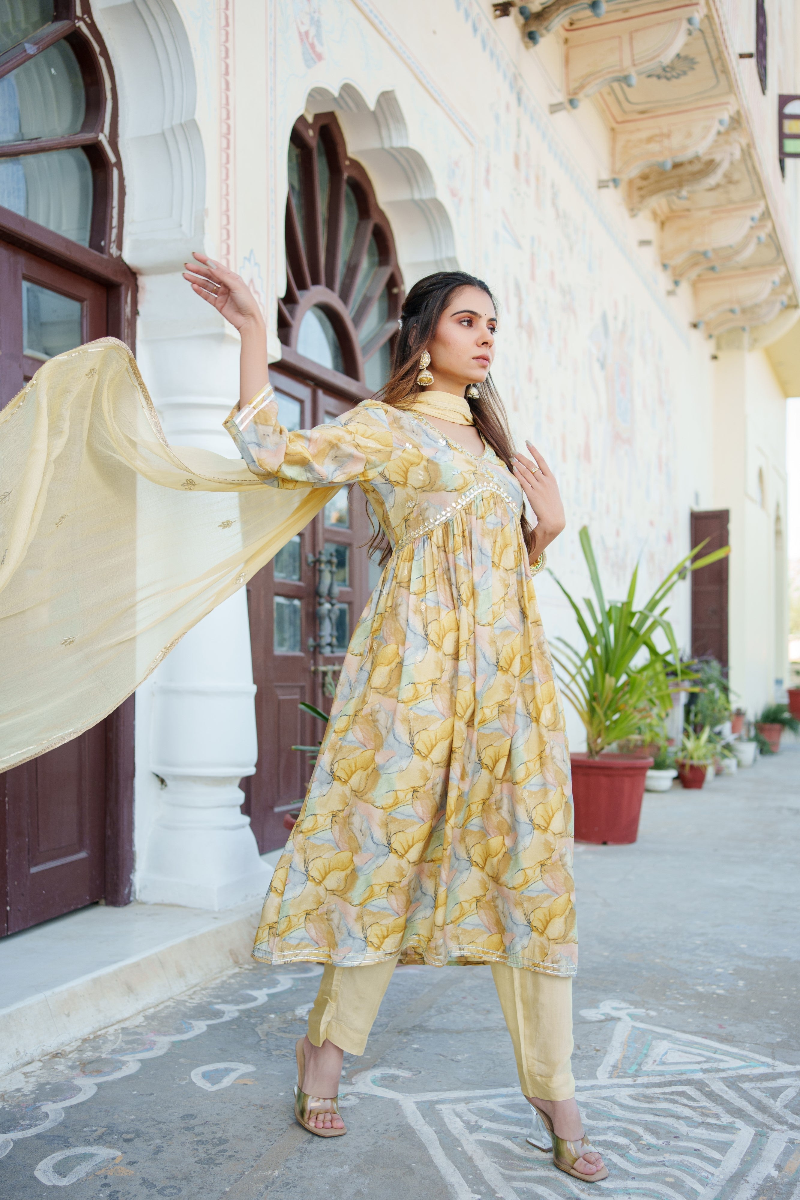 Women Yellow Muslin kurta with  handwork embroidery, solid bottom & Dupatta Set