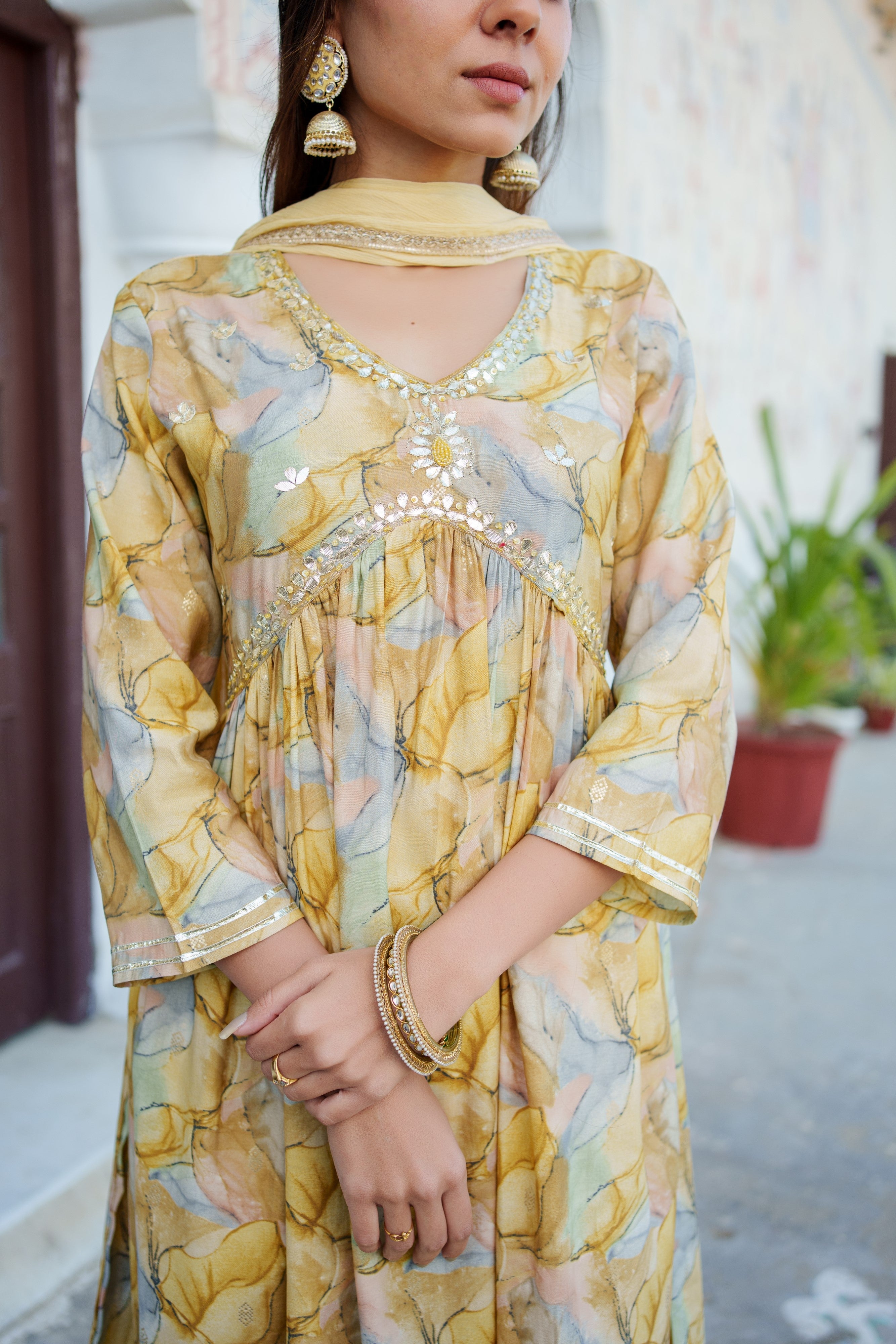Women Yellow Muslin kurta with  handwork embroidery, solid bottom & Dupatta Set