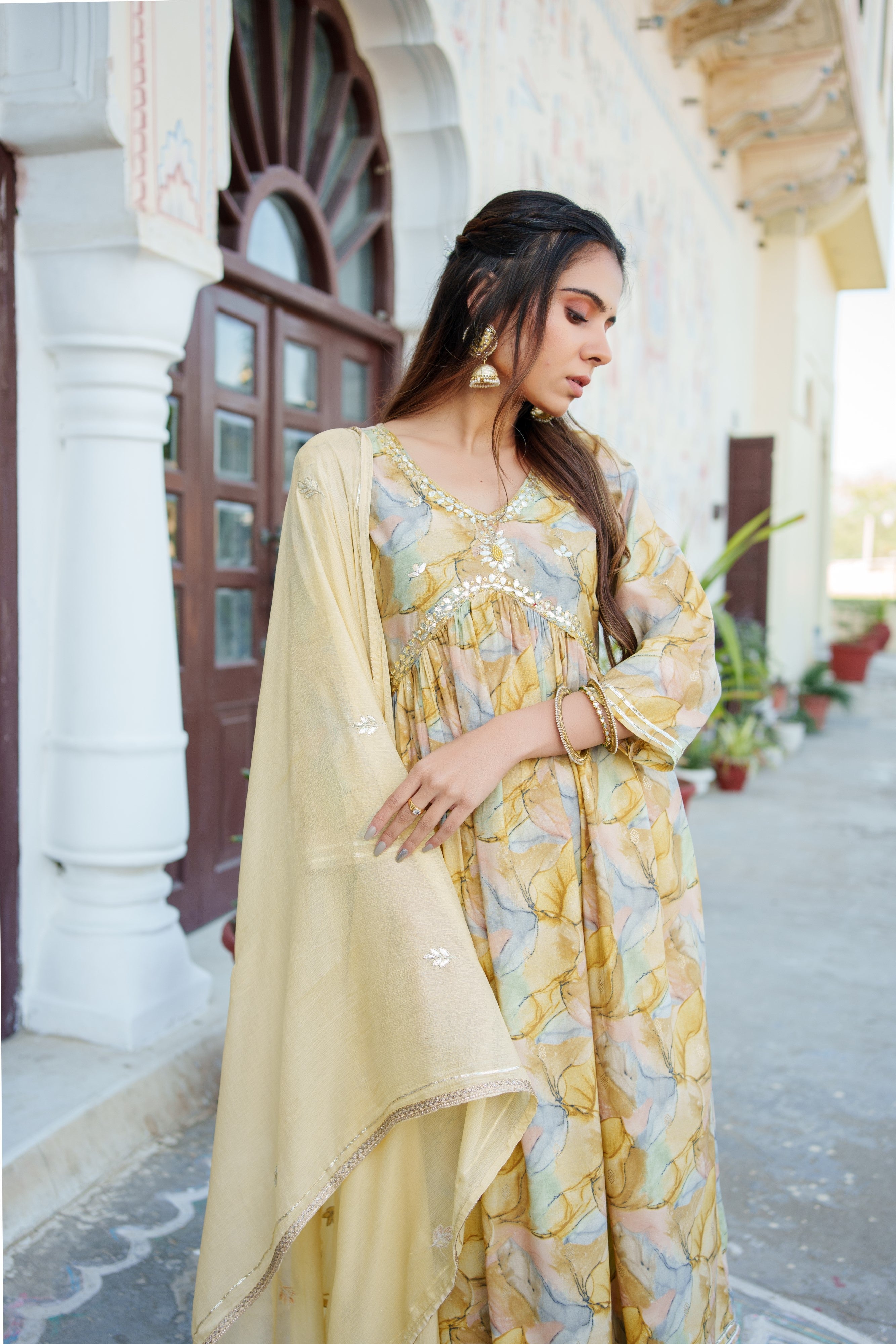 Women Yellow Muslin kurta with  handwork embroidery, solid bottom & Dupatta Set