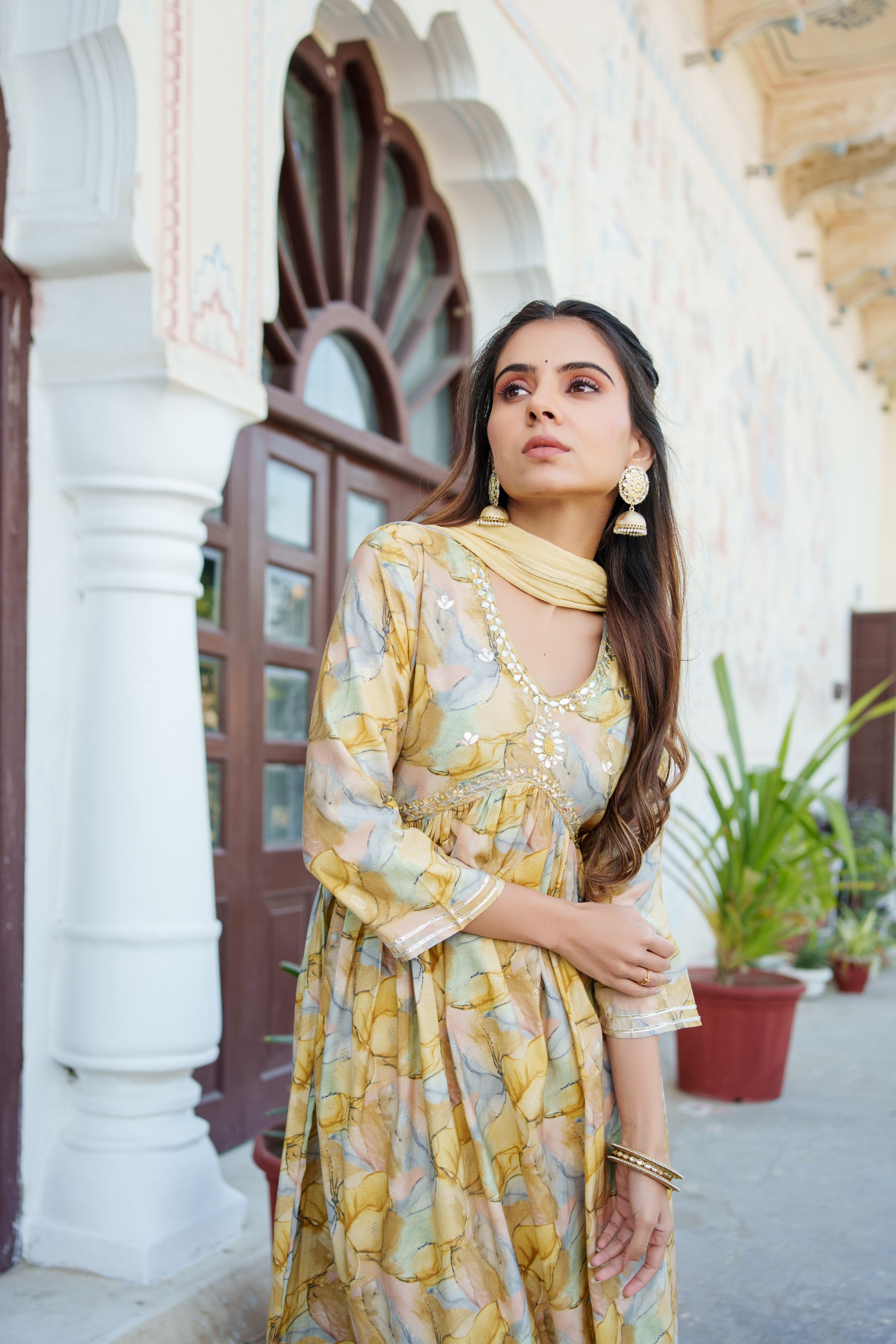 Women Yellow Muslin kurta with  handwork embroidery, solid bottom & Dupatta Set
