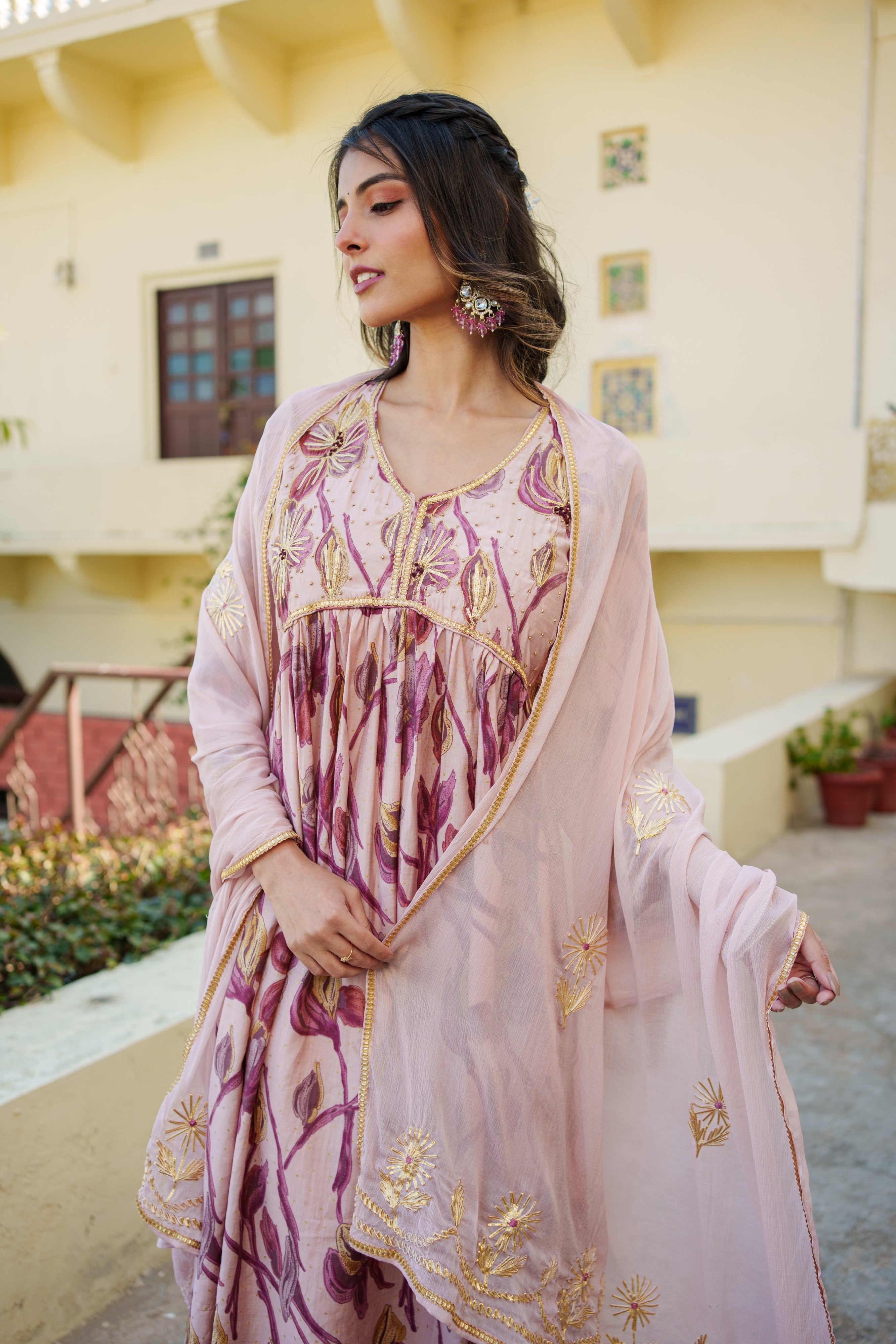 Women Nude Pink Muslin kurta with gota lace embroidery , solid bottom & Dupatta Set
