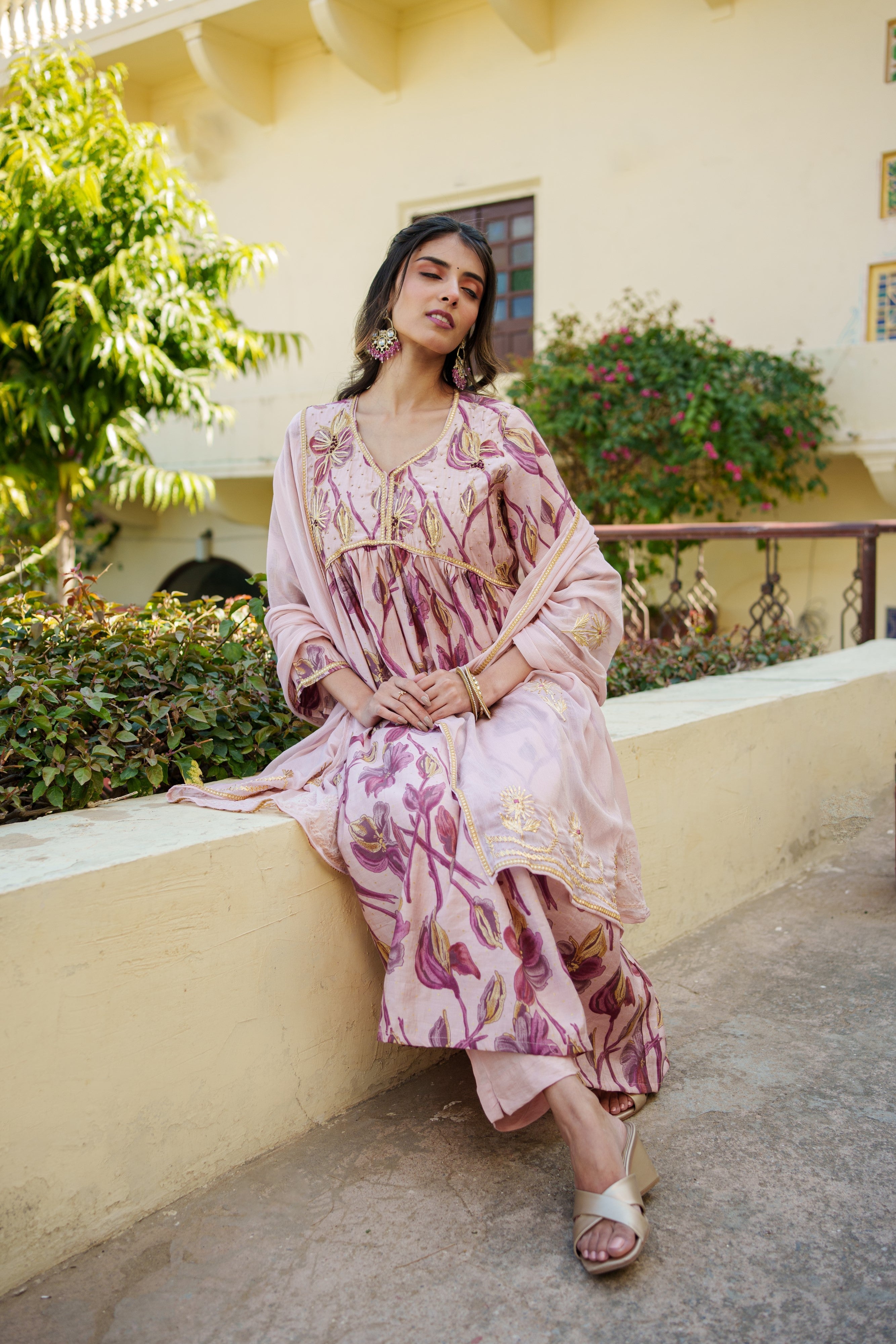 Women Nude Pink Muslin kurta with gota lace embroidery , solid bottom & Dupatta Set