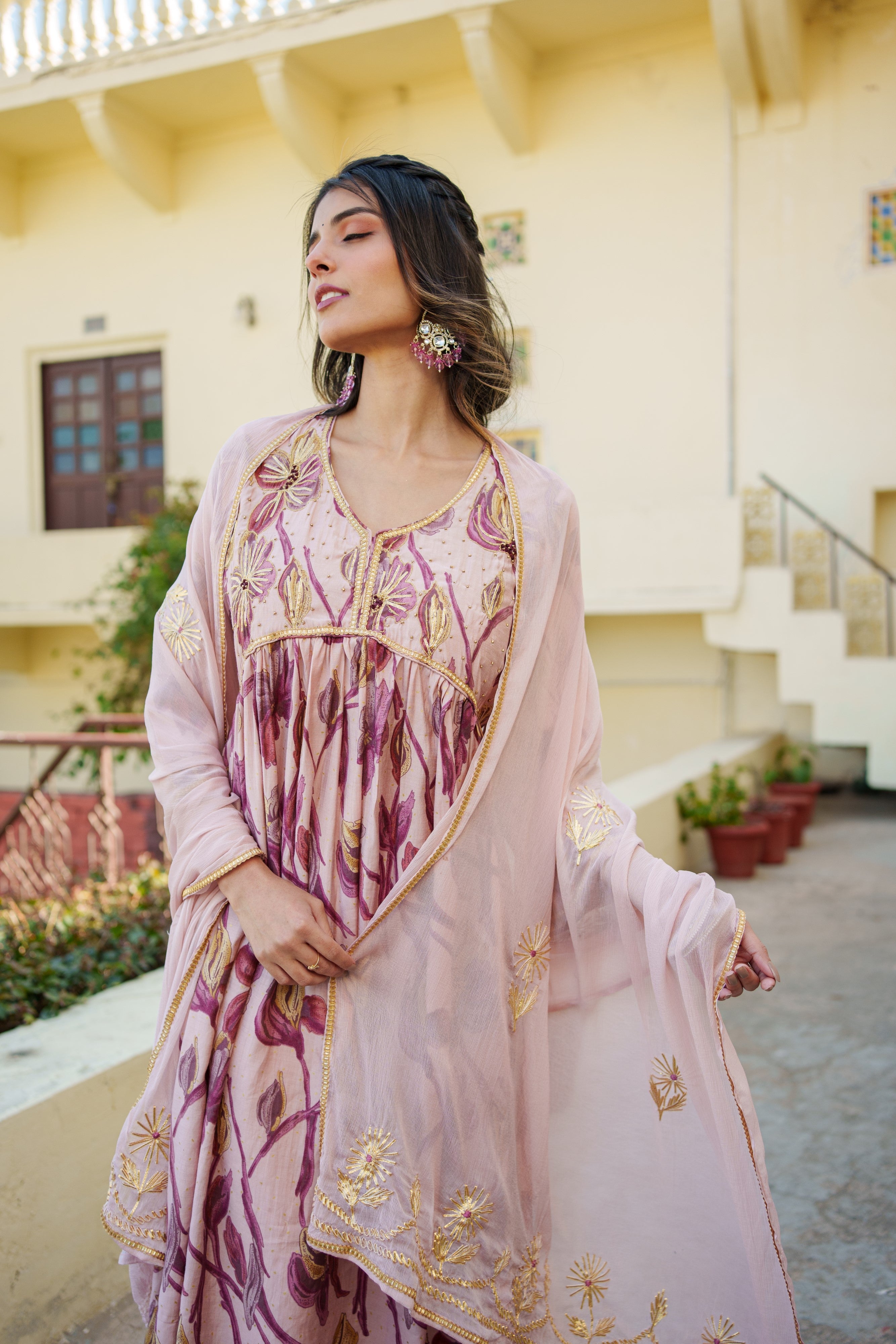 Women Nude Pink Muslin kurta with gota lace embroidery , solid bottom & Dupatta Set