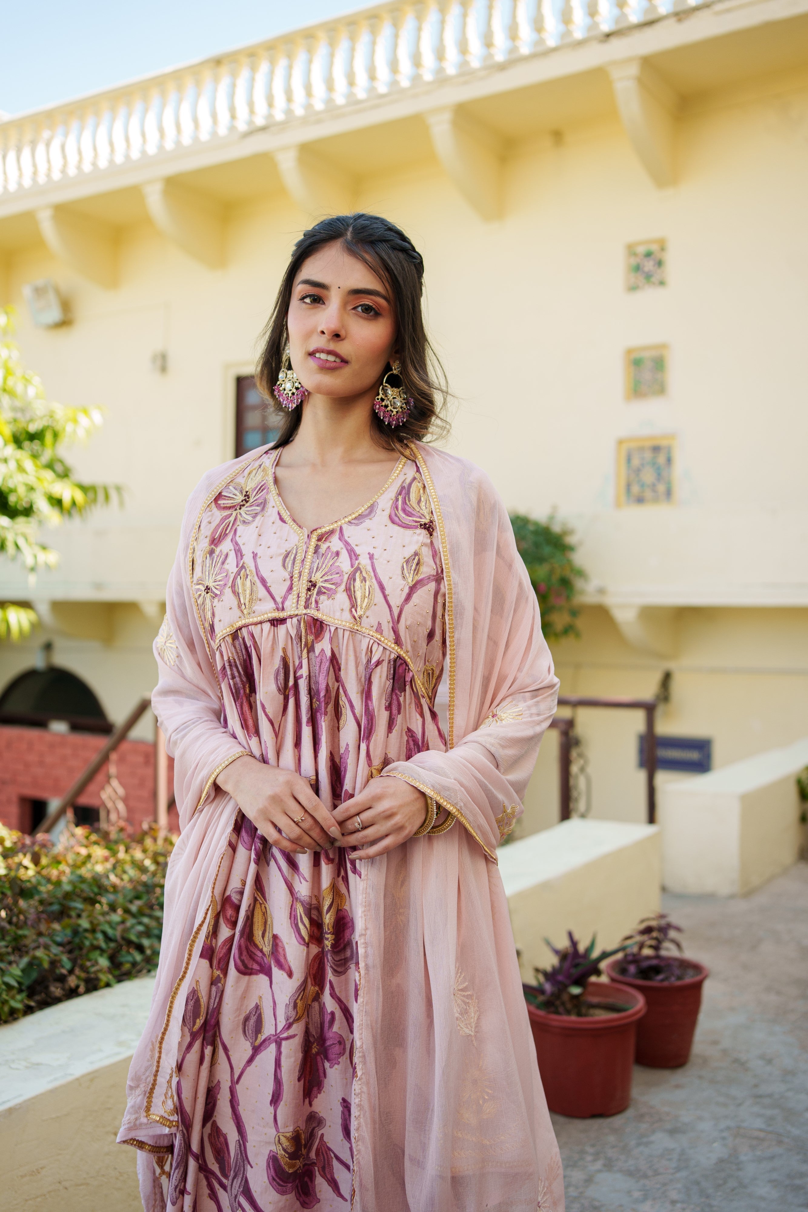 Women Nude Pink Muslin kurta with gota lace embroidery , solid bottom & Dupatta Set