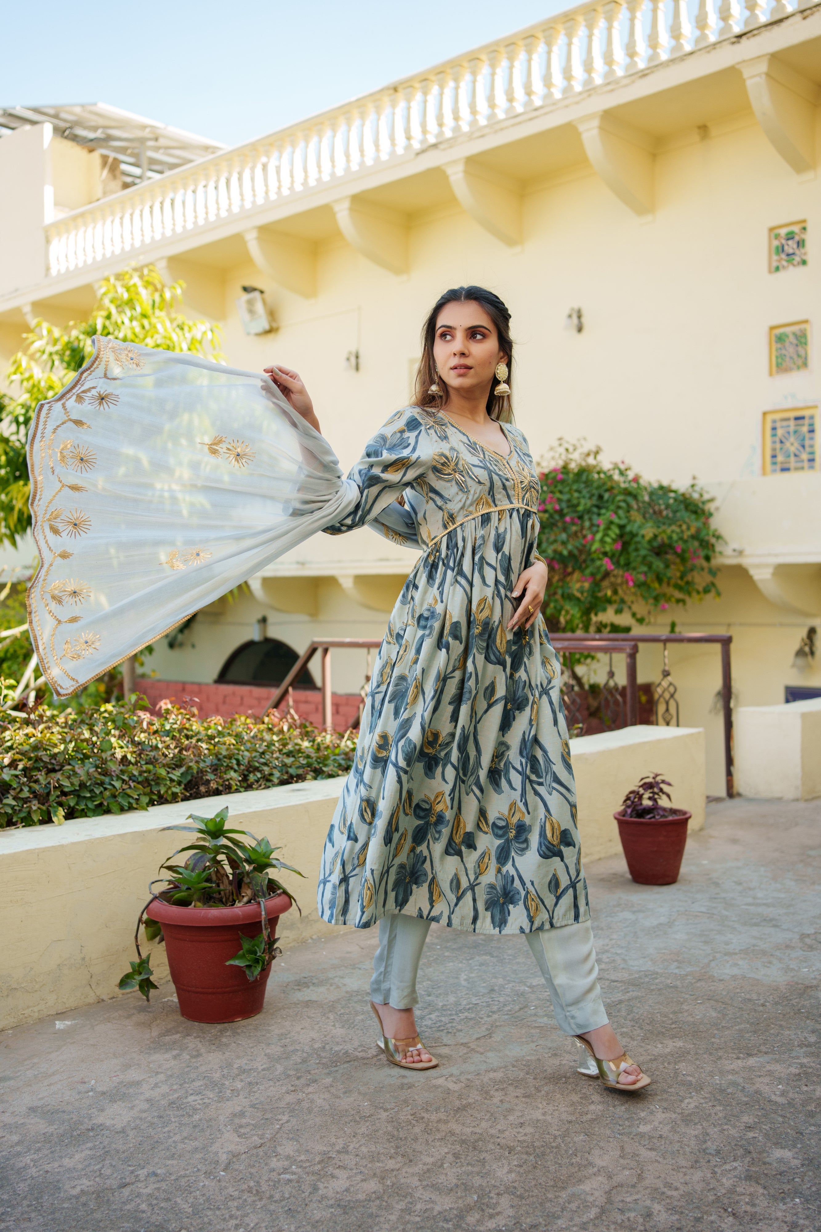 Women  Sky Blue  Muslin kurta with gota lace embroidery , solid bottom & Dupatta Set
