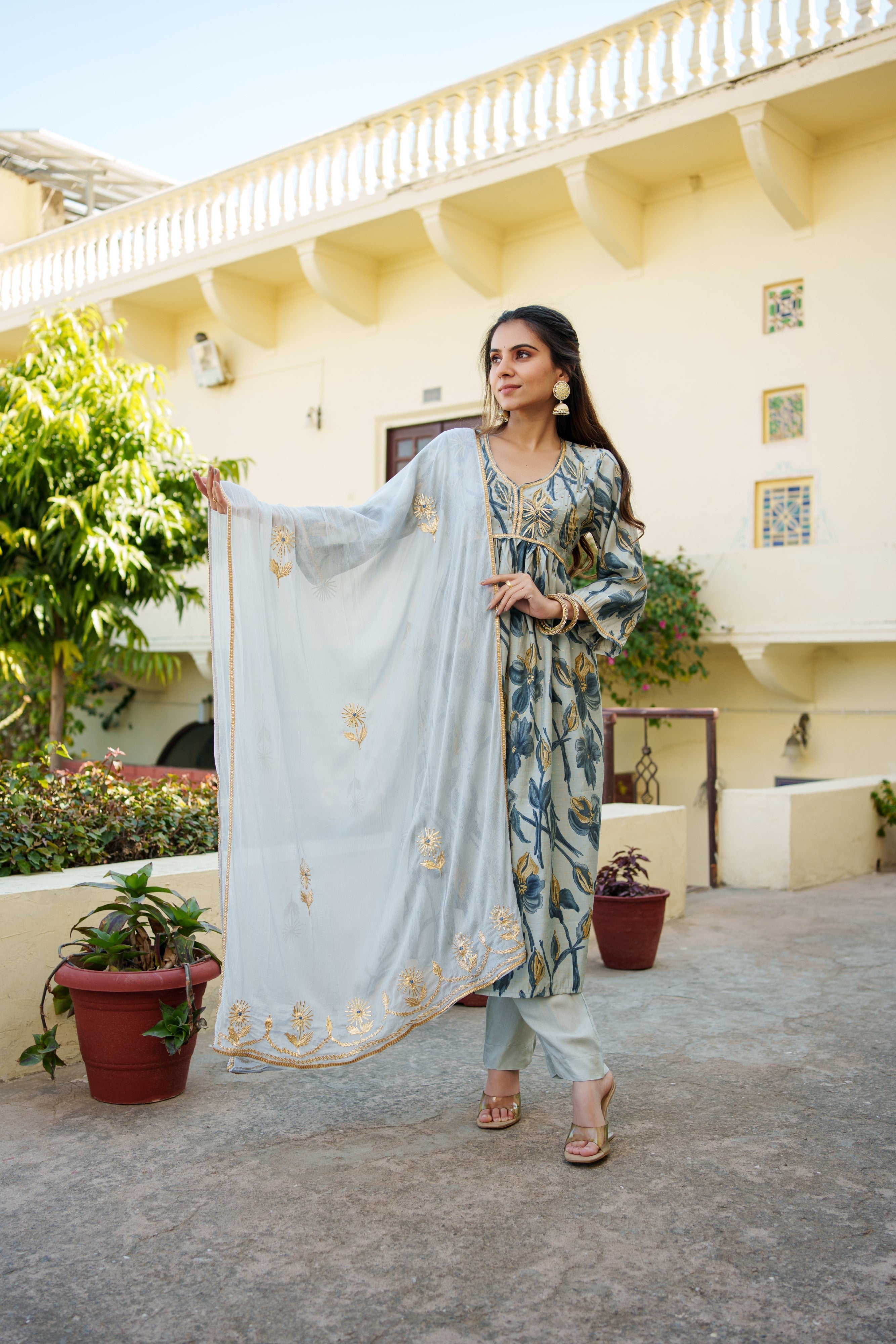 Women  Sky Blue  Muslin kurta with gota lace embroidery , solid bottom & Dupatta Set