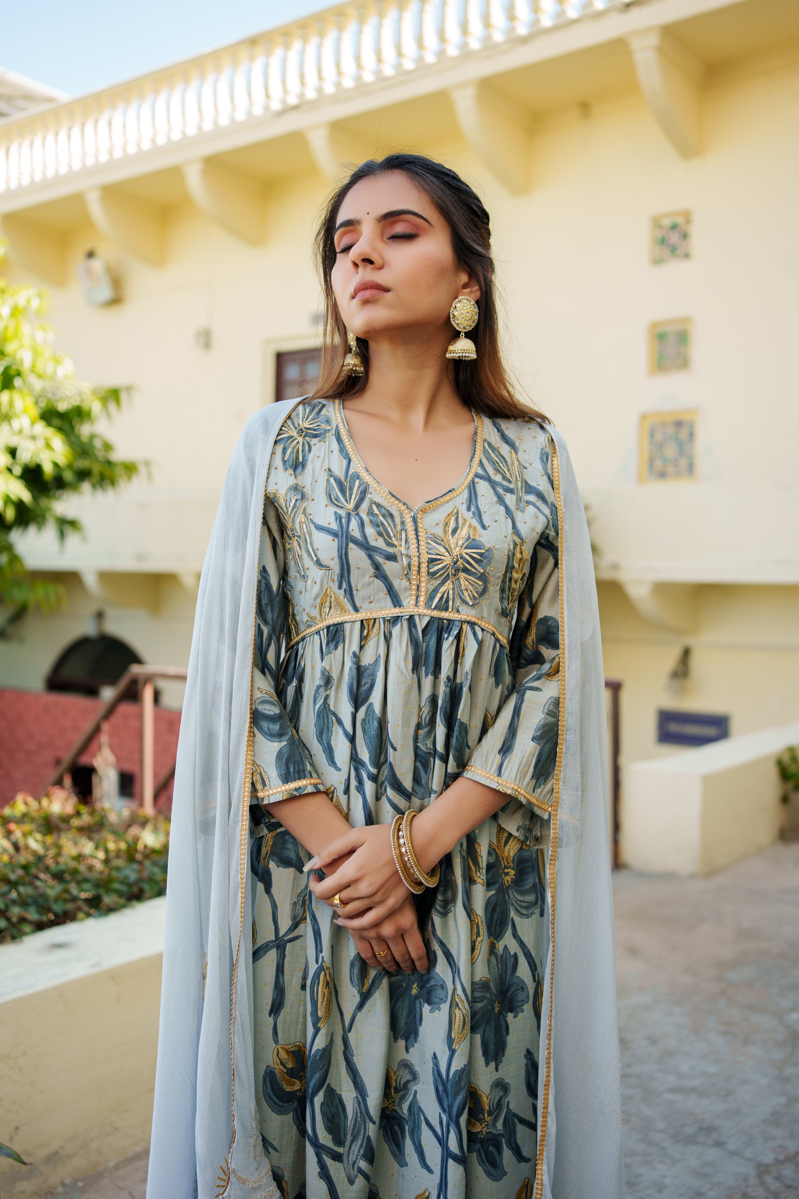 Women  Sky Blue  Muslin kurta with gota lace embroidery , solid bottom & Dupatta Set