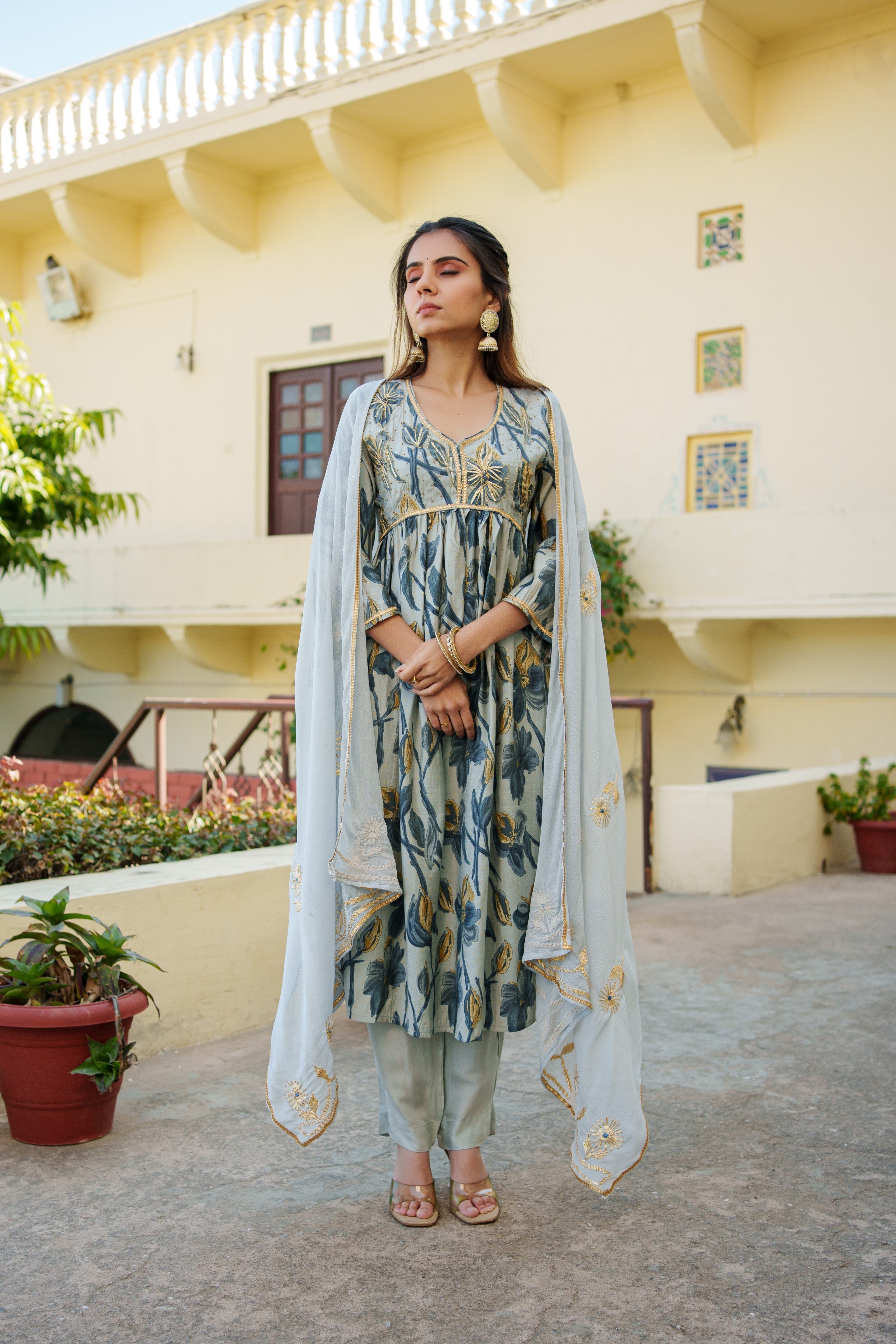 Women  Sky Blue  Muslin kurta with gota lace embroidery , solid bottom & Dupatta Set