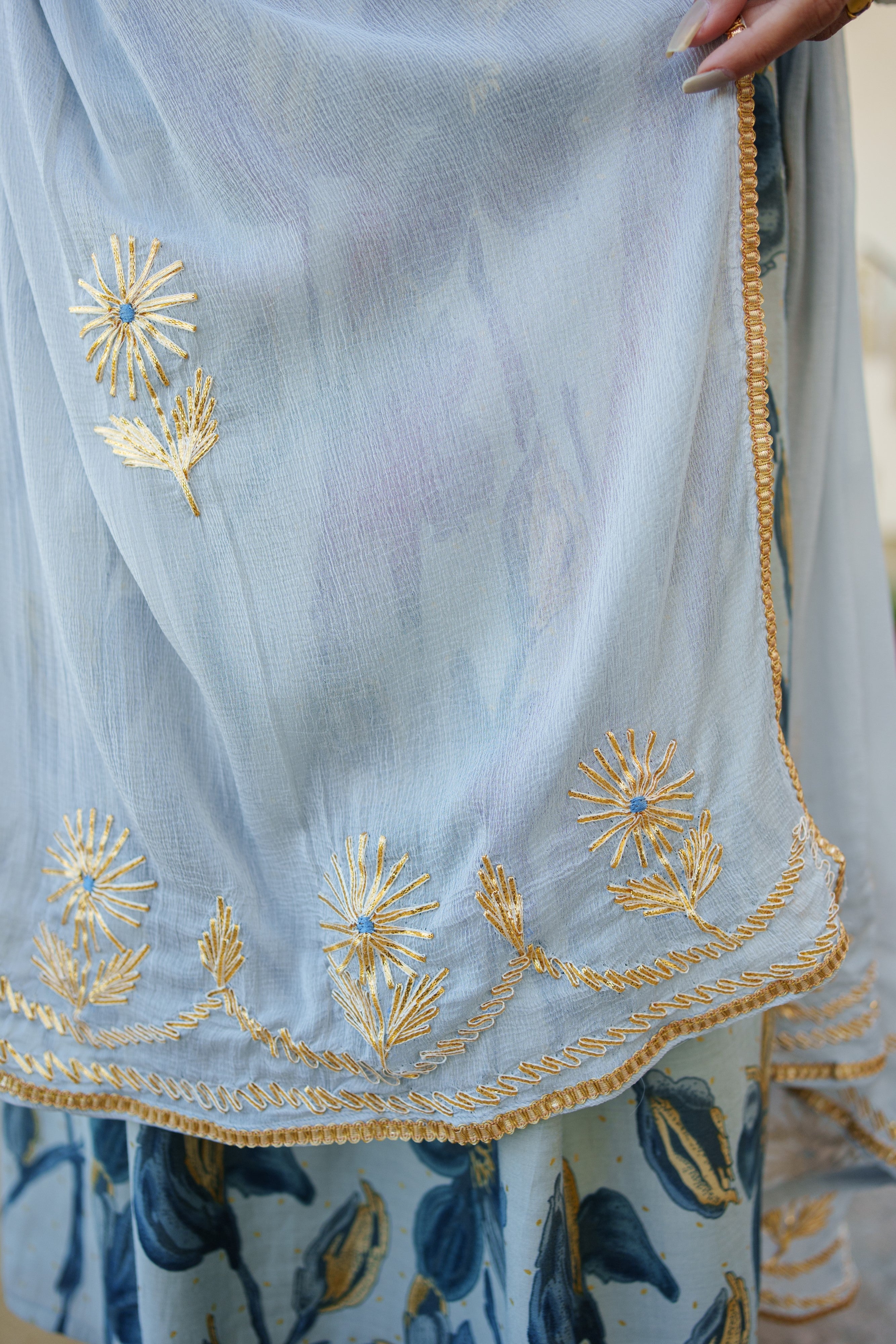 Women  Sky Blue  Muslin kurta with gota lace embroidery , solid bottom & Dupatta Set