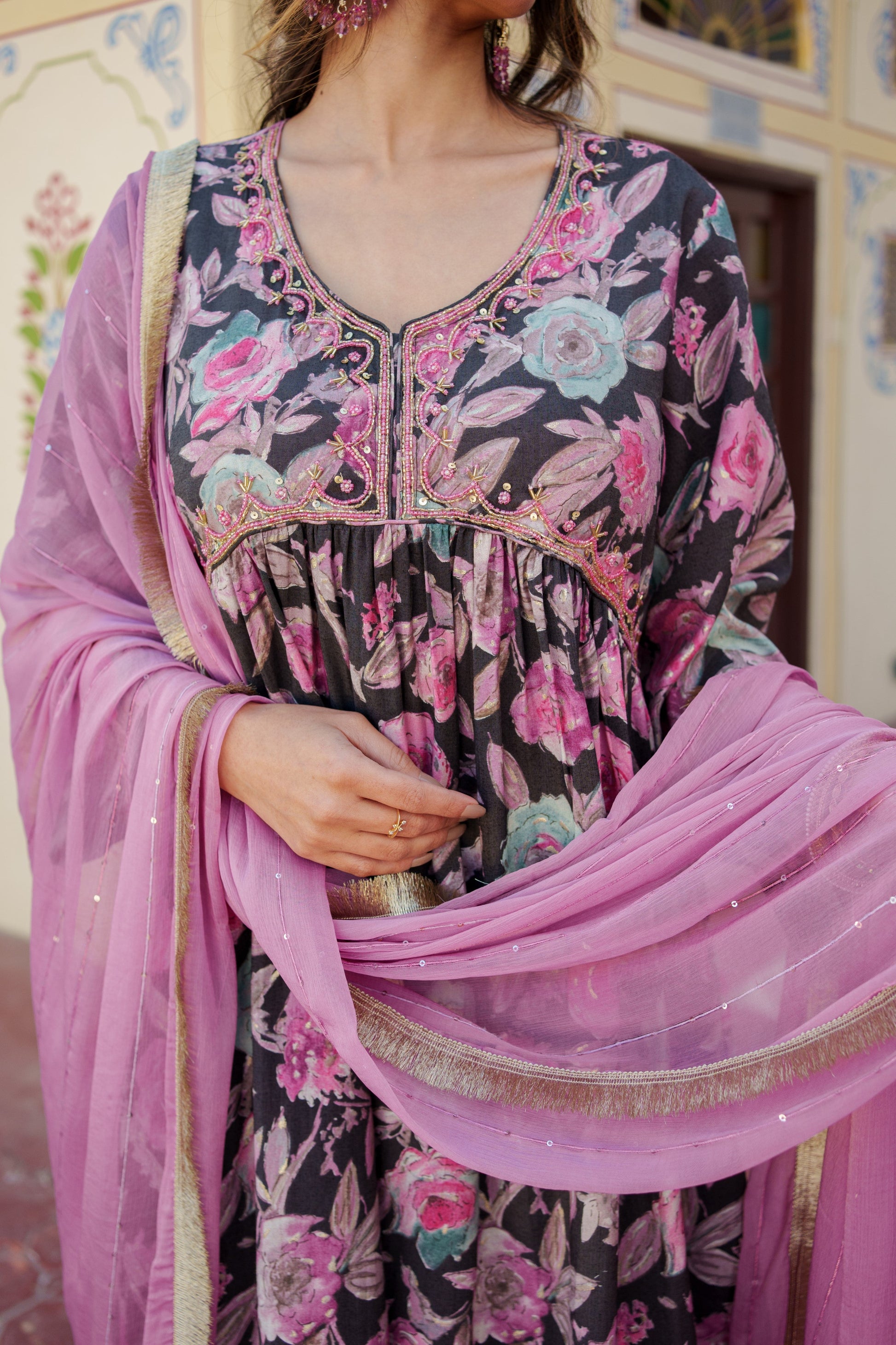 Women Muslin kurta with bead work embroidery , solid bottom & Dupatta Set