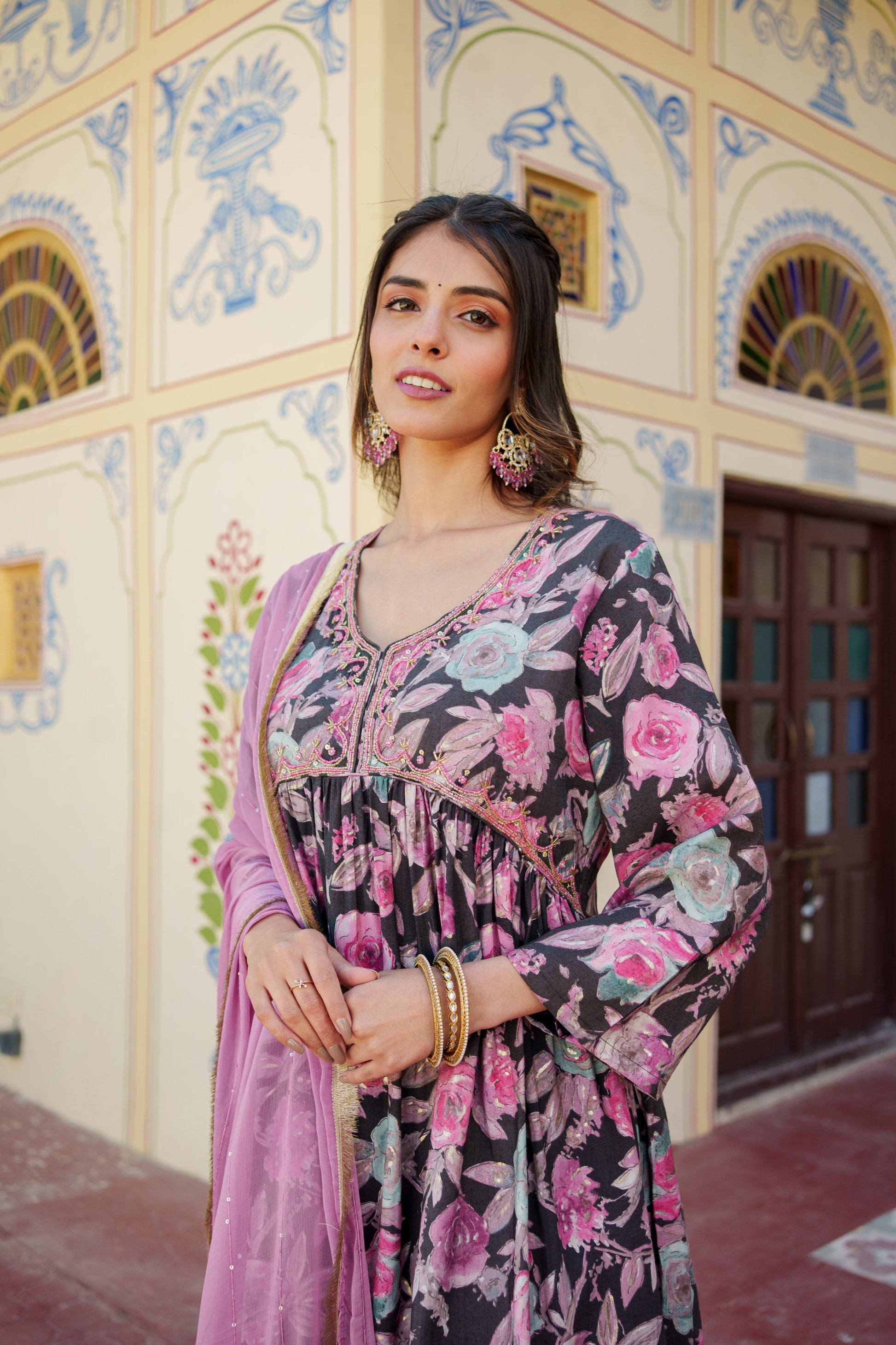 Women Muslin kurta with bead work embroidery , solid bottom & Dupatta Set