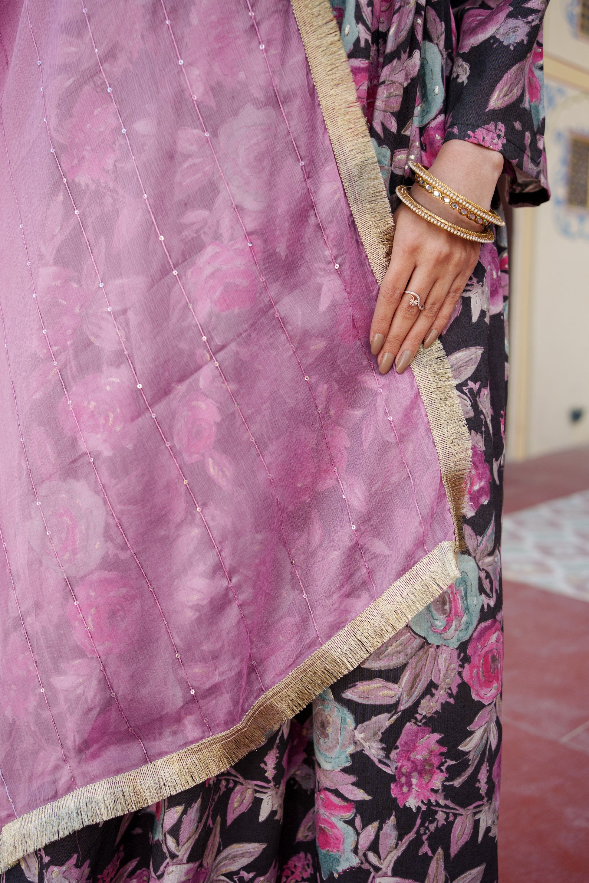 Women Muslin kurta with bead work embroidery , solid bottom & Dupatta Set