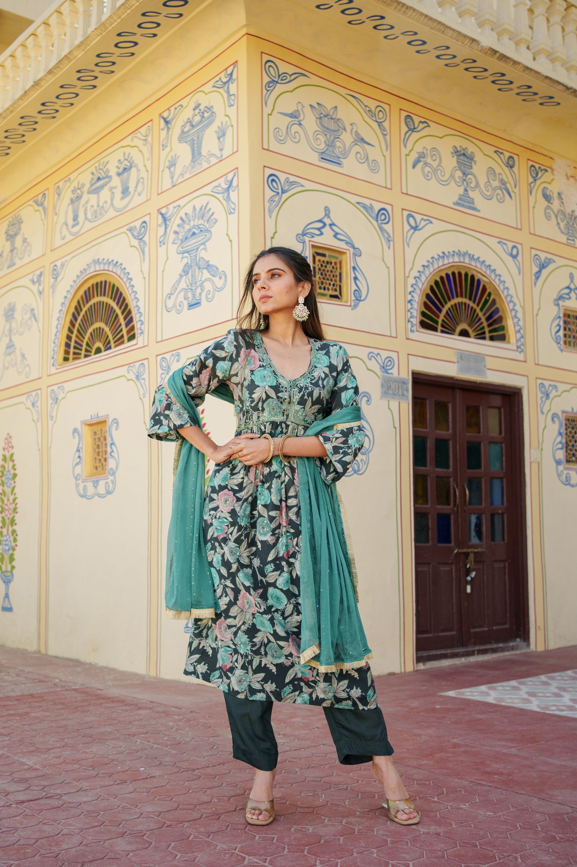 Women Muslin kurta with bead work embroidery , solid bottom & Dupatta Set