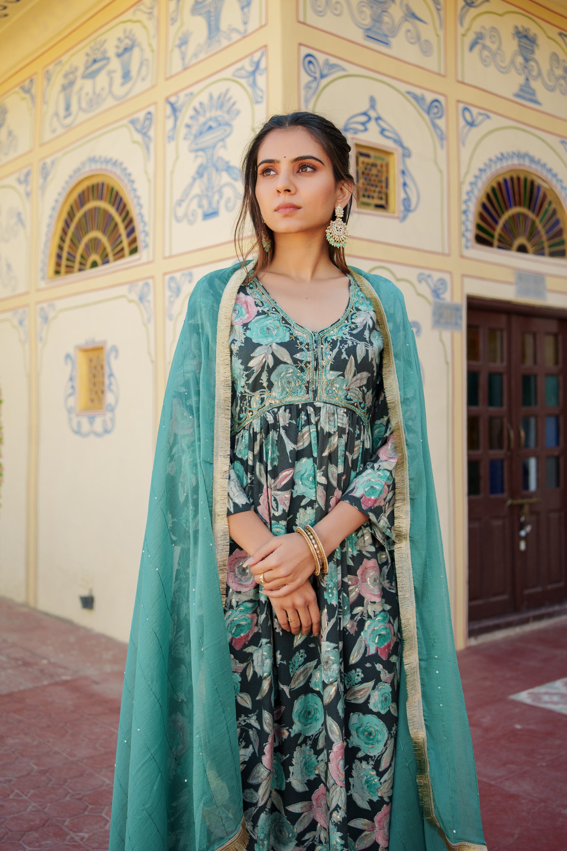 Women Muslin kurta with bead work embroidery , solid bottom & Dupatta Set